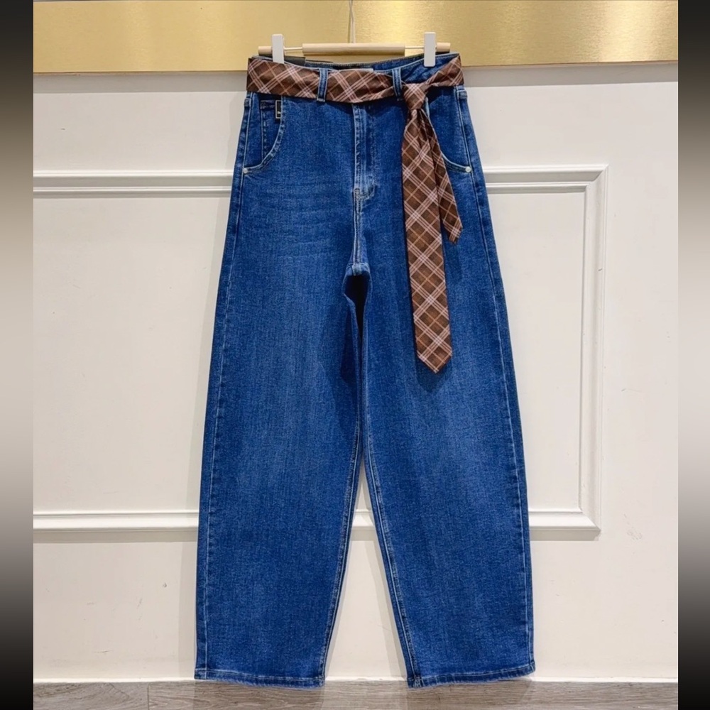 FROM PARIS FRANCE ShopEvelynne Blue Wide Leg Jeans with Plaid Brown Belt
